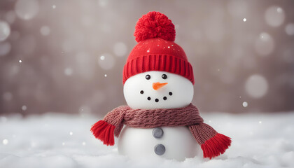 Cute snowman with hat and knitted scarf on winter background with copy space