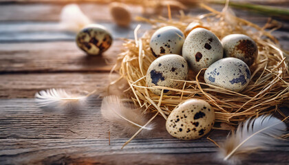 Przepiórcze jaja w słomianym gnieździe na deskach. Obok słoma i pióra. Naturalne tło wielkanocne - obrazy, fototapety, plakaty