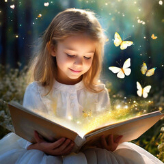 Dziewczynka siedząca z otwartą książką. Nad książką magiczne światło i motyle. Magia wyobraźni, wpływ czytania książek na wyobraźnię dziecka - obrazy, fototapety, plakaty
