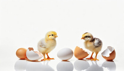 Chicks, eggs and egg shells on a white background. Easter background