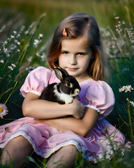 Dziewczynka siedząca na łące tuli króliczka. Portret, wiosenne, wielkanocne tło