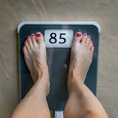 Kobieta stojąca na wadze. Na wyświetlaczu widoczna waga kobiety. Kontrola wagi, odchudzanie - obrazy, fototapety, plakaty