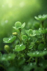 Green leaves with water drops. Nature background. Selective focus.