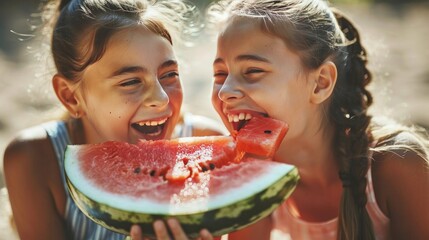 Close up portrait of two young girls enjoying a watermelon. Female friends eating a watermelon...
