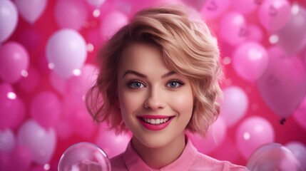 Naklejka premium A happy woman with soft pink Valentine's Day effects and a background.
