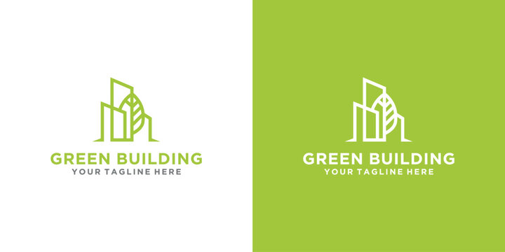 eco building tower vector logo design template. green leaf logo with multi-storey building. environmentally friendly construction logo