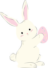 Easter bunny, egg hunt. A cute bunny is holding a colorful Easter egg in his paws. Design elements for banners, posts, postcards, flyers