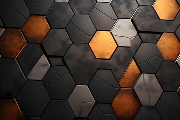 Close-up view of hexagons interlocking to create a 3D effect, with a striking contrast of light and dark tones.