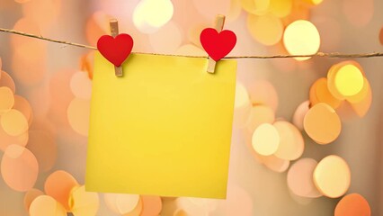 Valentine's Day concept. Blank empty sticky note paper hanging with heart clips and sparkling bokeh background Valentines day concept. Copy space, space for advertisement,logo Love,romantic design spa