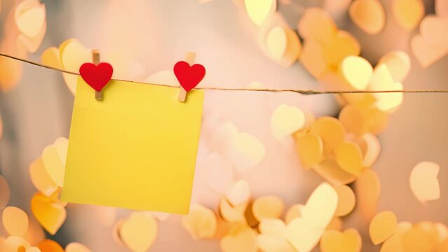 Valentine's Day concept. Blank empty sticky note paper hanging with heart clips and sparkling bokeh background Valentines day concept. Copy space, space for advertisement,logo Love,romantic design spa