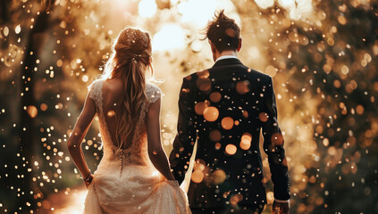 a bride and groom walk outdoors - obrazy, fototapety, plakaty