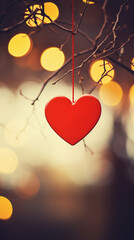 Red heart on rope hanging on tree branch on blurred natural background with lights and bokeh. Valentine's Day card.