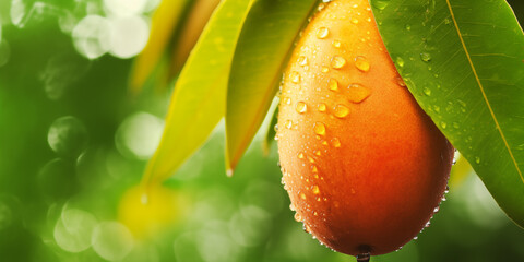 ripe mango on a tree branch in the garden - obrazy, fototapety, plakaty