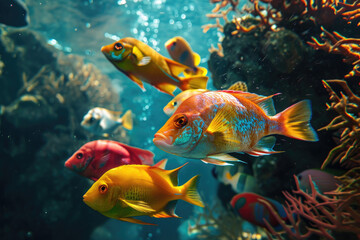 a group of colorful fish swimming in water - Powered by Adobe