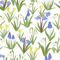 Fototapeta na wymiar seamless pattern with, spring flowers, vector drawing wild plants at white background, floral cover, hand drawn botanical illustration