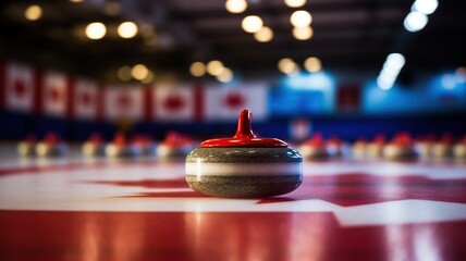 Curling stone on ice on blurred background