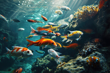 Fototapeta na wymiar a group of colorful fish swimming in water
