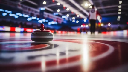 Selbstklebende Fototapeten Curling stone on ice on blurred background © sonatik