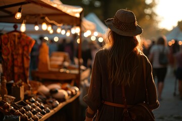 Young woman is walking looking at crafts at the art market. Back view of woman at the art market