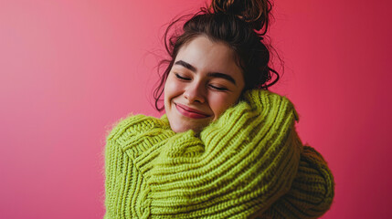 A cheerf young woman enjoys pleasant memories wears a soft comfortable green sweater and round spectacles keeps eyes closed smiles pleasantly isolated over pink background recalls nice moment in life - obrazy, fototapety, plakaty