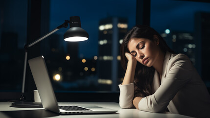 Fototapeta premium Woman burning the midnight oil in high rise office building, sitting at desk taking a nap in front of laptop 