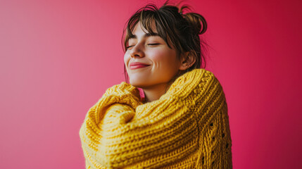 A cheerf young woman enjoys pleasant memories wears a soft comfortable yellow sweater and round spectacles keeps eyes closed smiles pleasantly isolated over pink background recalls nice moment in life