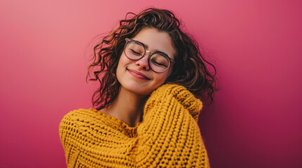A cheerf young woman enjoys pleasant memories wears a soft comfortable yellow sweater and round spectacles keeps eyes closed smiles pleasantly isolated over pink background recalls nice moment in life