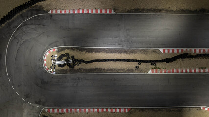 Aerial top view race kart track at night, Track for auto racing top view, Car race asphalt and...