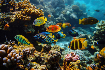 Naklejka premium colorful tropical fishes swimming among coral reef