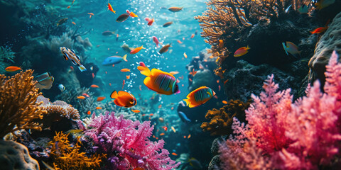 colorful tropical fishes swimming among coral reef
