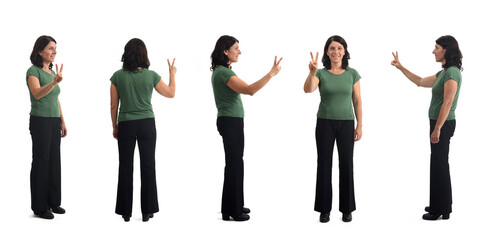 various poses of a group of same woman showing the victory sign on white background