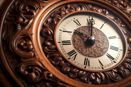 A close-up of a vintage wooden clock, its intricate hands frozen in time against a backdrop of rich mahogany.