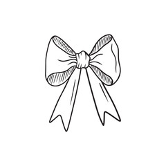 Beautiful bow made from decorative ribbon, tape in black isolated on white background. Hand drawn vector sketch illustration in doodle vintage engraved outline, line art style. Gift, decoration.