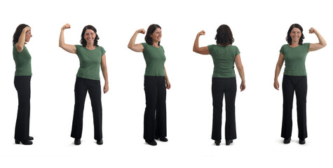 various poses of a  woman showing her bicep on white background