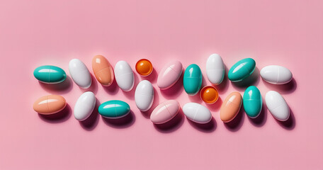 Creative layout of colorful medicine pills and capsules