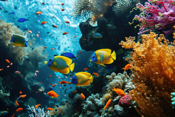 Fototapeta premium colorful tropical fishes swimming among coral reef