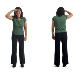 front and back view of same woman with her hand on her forehead looking into the distance on white background