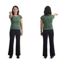 front and back view of the same woman pointing her finger forward