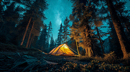 An illuminated tent under a starry sky - obrazy, fototapety, plakaty