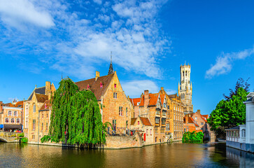 Brugge old town scenic view, Bruges historical city centre, Rosary Quay Rozenhoedkaai embankment...
