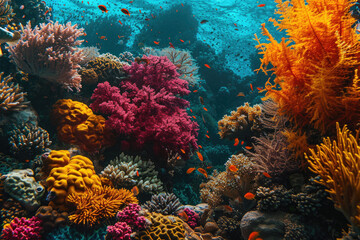 Obraz na płótnie Canvas colorful tropical fishes swimming among coral reef