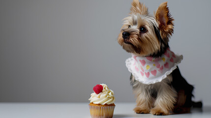 a small dog wearing a bib sitting next to a cupcake