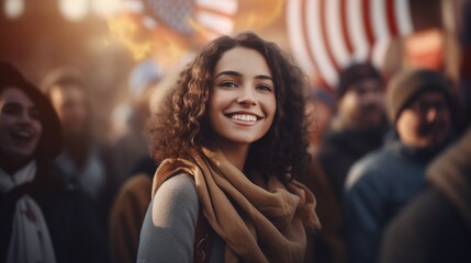 A happy woman with International Women's Day effects parade background