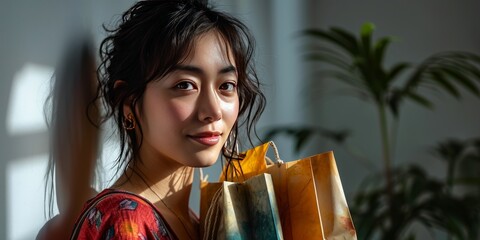 Girl smiling with packages from store.