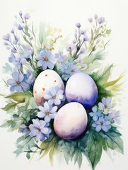 Obraz na płótnie Canvas Watercolor composition with blue flowers and Easter eggs