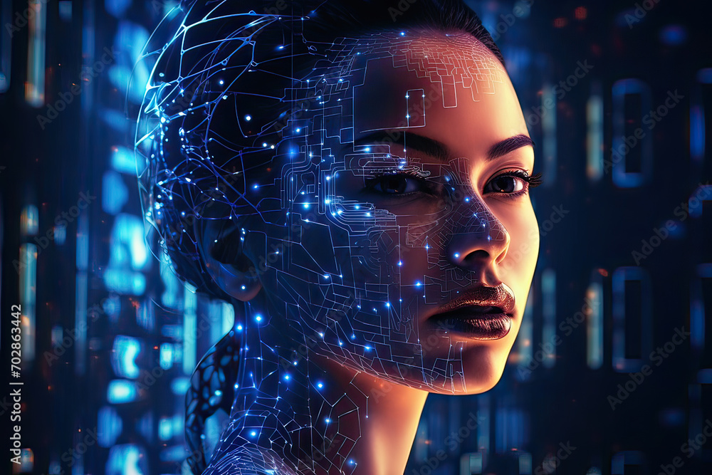 Poster experience a cybernetic interface with an ai-powered holographic face, featuring advanced pixel grap