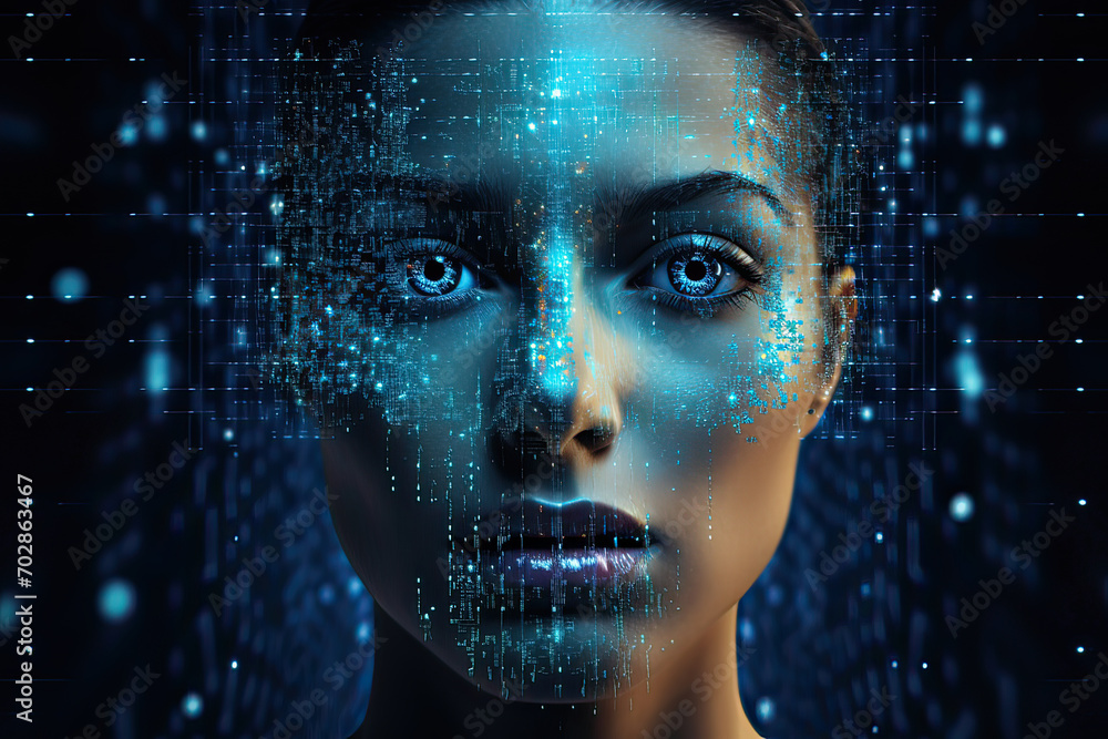 Poster the fusion of virtual reality and ai in this unique digital art piece, depicting a 3d hologram of a 