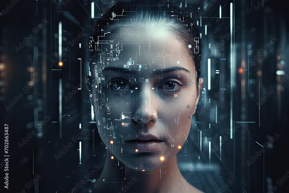Poster the fusion of virtual reality and ai in this unique digital art piece, depicting a 3d hologram of a 