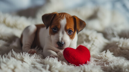 Adorable puppy Jack Russell Terrier with red heart on a white blanket, Valentine Day concept
