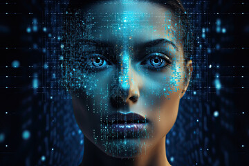 The fusion of virtual reality and AI in this unique digital art piece, depicting a 3D hologram of a face with complex pixel effects, ideal for futuristic concepts. - Powered by Adobe